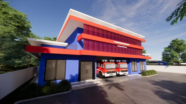 Render pos pemadam kebakaran dengan garasi mobil damkar
