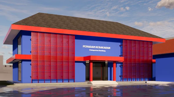 Render pos pemadam kebakaran dua lantai berwarna merah dan biru