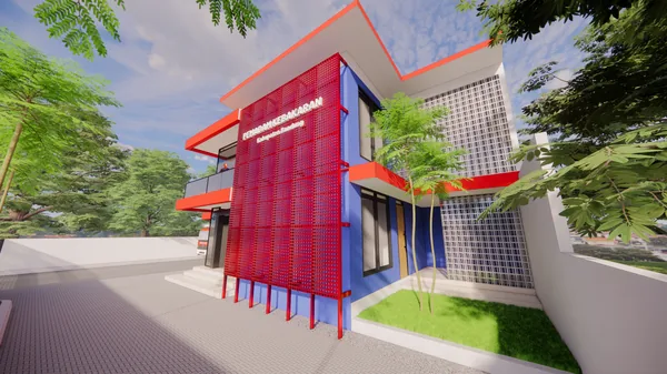 Render pos pemadam kebakaran dengan mobil damkar di depan garasi