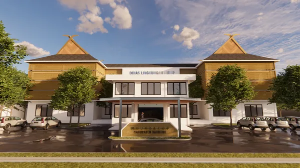 Render gedung kantor dinas dua lantai dengan atap tradisional
