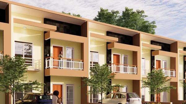 Render deretan rumah tinggal dua lantai dengan carport