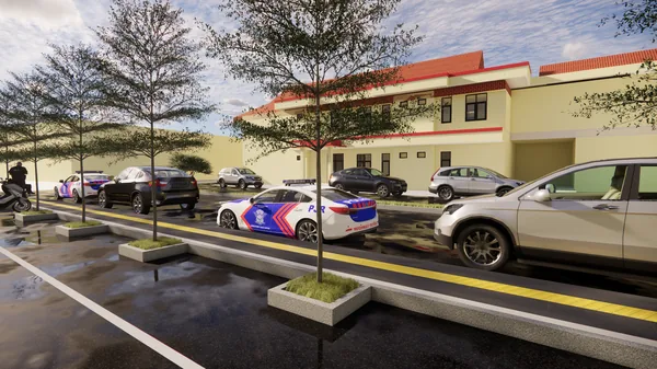 Render trotoar dan area parkir di depan gedung kantor