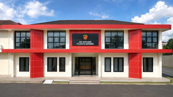 Render gedung kantor dua lantai dengan fasad merah
