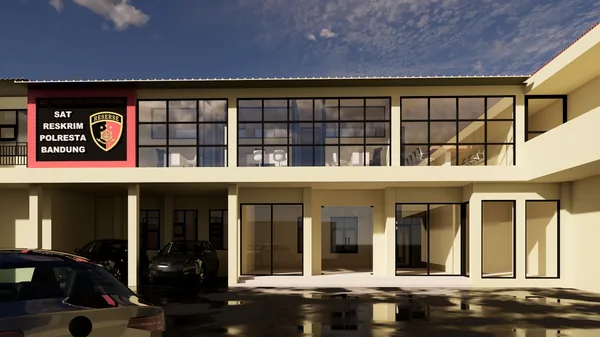 Render gedung kantor dua lantai dengan area parkir