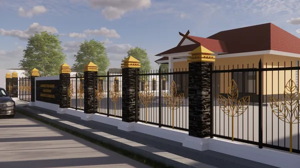 Render pagar besi dengan pilar batu di depan kantor