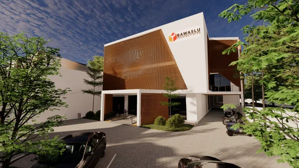 Render gedung kantor bertingkat dengan fasad kayu dan halaman parkir