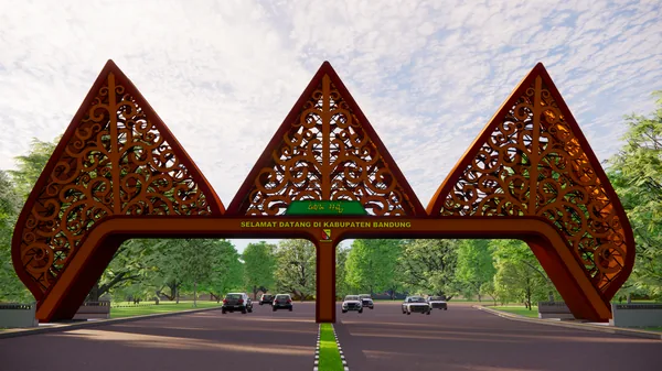 Render gapura berornamen di atas jalan raya