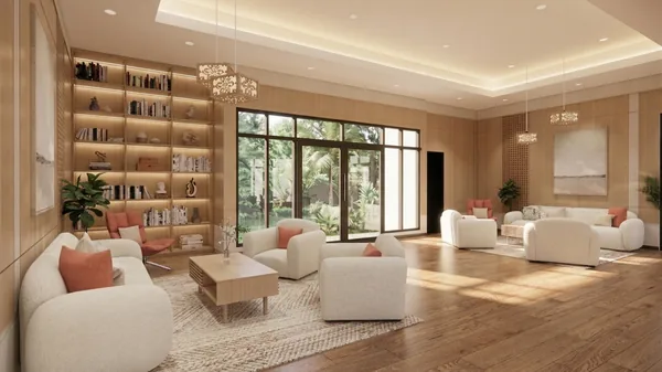 Render ruang keluarga dengan rak buku dan sofa putih
