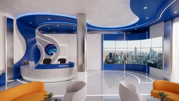 Render lobi dengan meja resepsionis dan sofa oranye