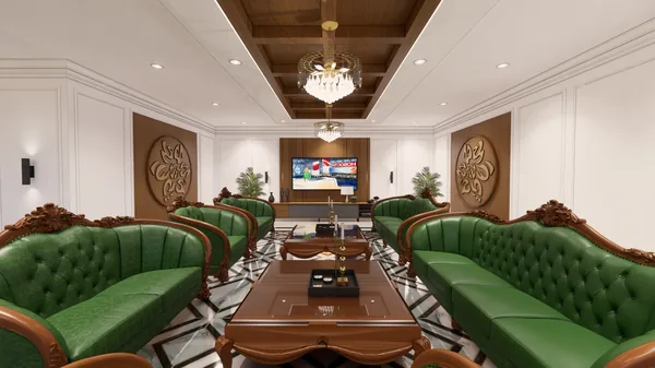 Render ruang tamu dengan sofa hijau dan panel ukir