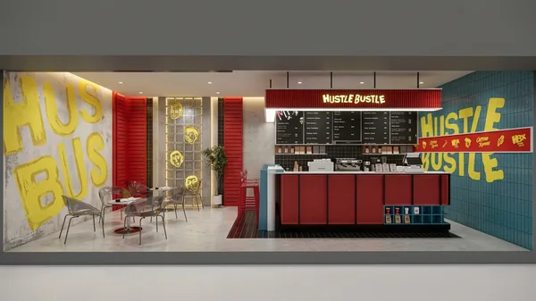 Render booth kafe dengan mural dan meja bar