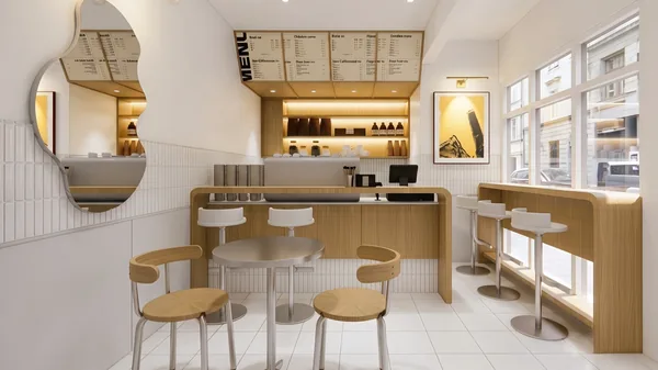 Render kedai kopi dengan meja bar dan kursi kayu