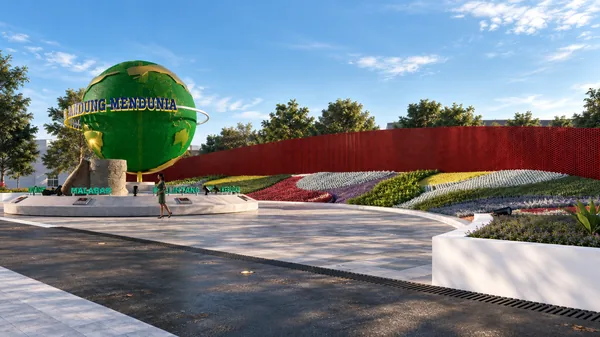 Render monumen bola dunia di tengah taman dengan hamparan bunga