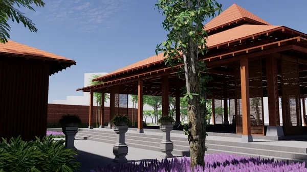 Render pendopo beratap merah di tengah taman