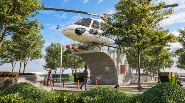 Render tugu berbentuk helikopter di taman