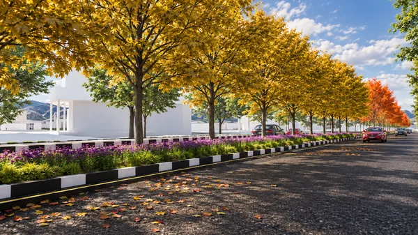 Render jalan dengan median tanaman dan pepohonan berwarna
