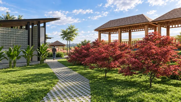 Render taman dengan gazebo dan jalur setapak